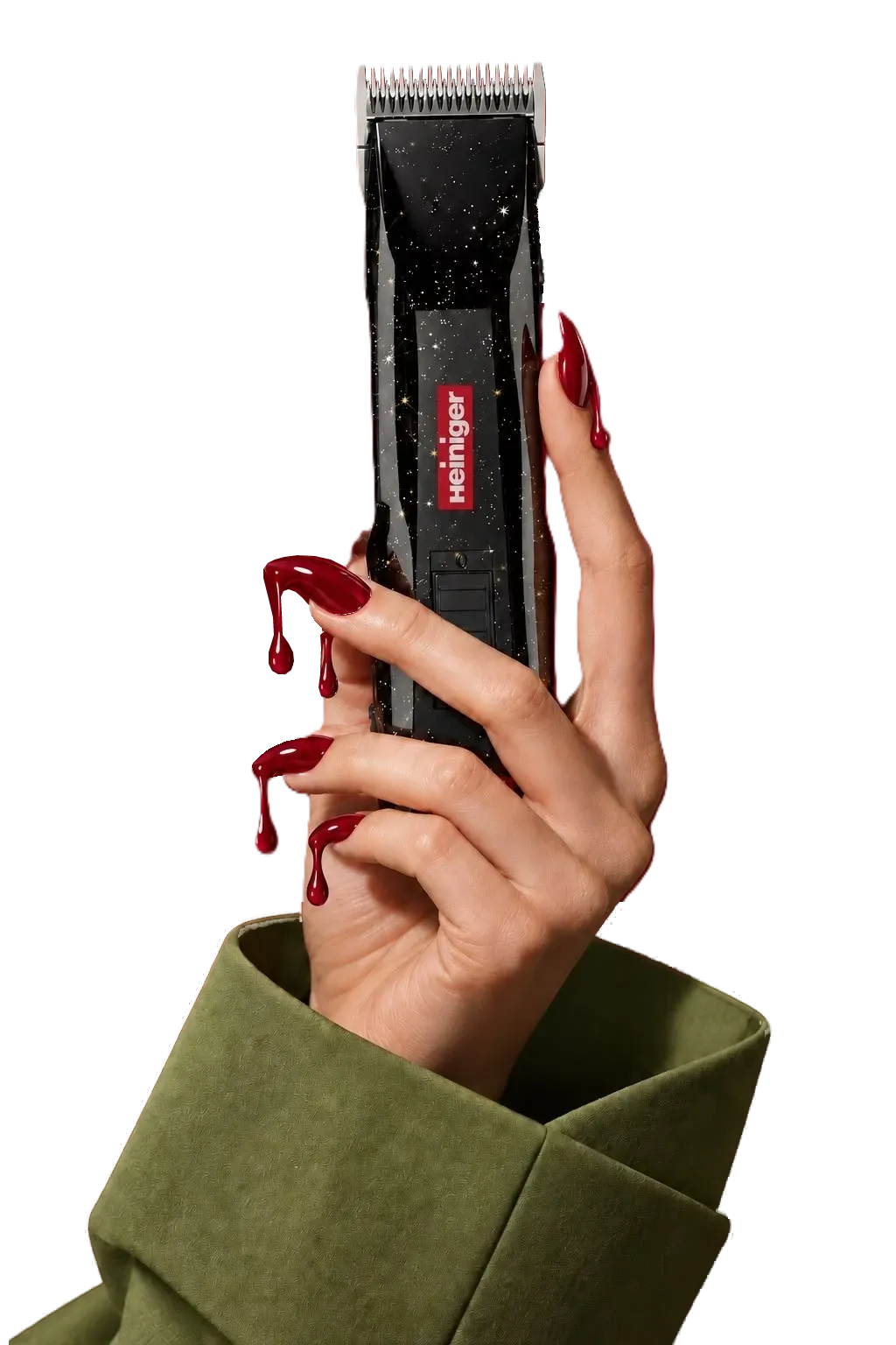 A hand with long cherry-red nails holding a black, star-speckled dog clipper